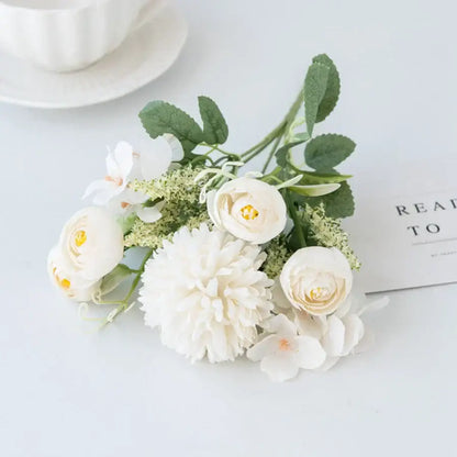 White and yellow artificial hydrangea tea rose bouquet living room