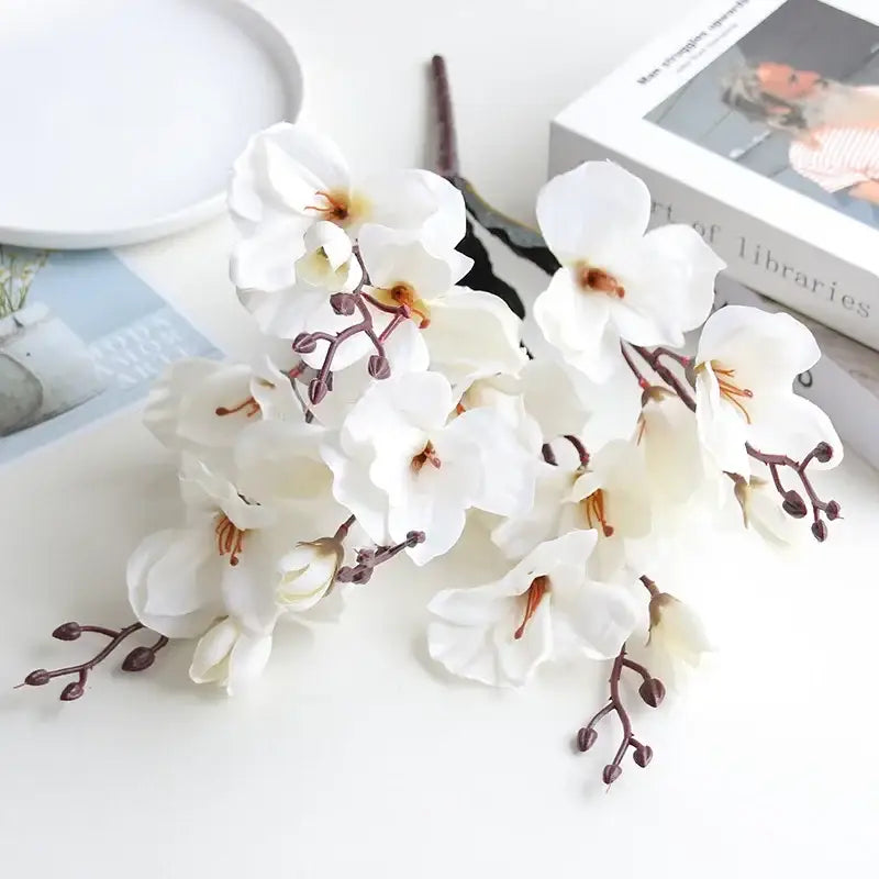Purple & white artificial orchid magnolia bouquet living room decor