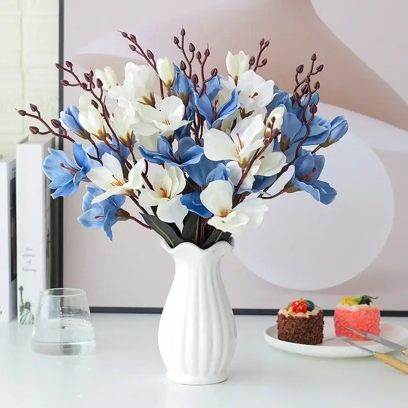 Purple & white artificial orchid magnolia bouquet living room decor