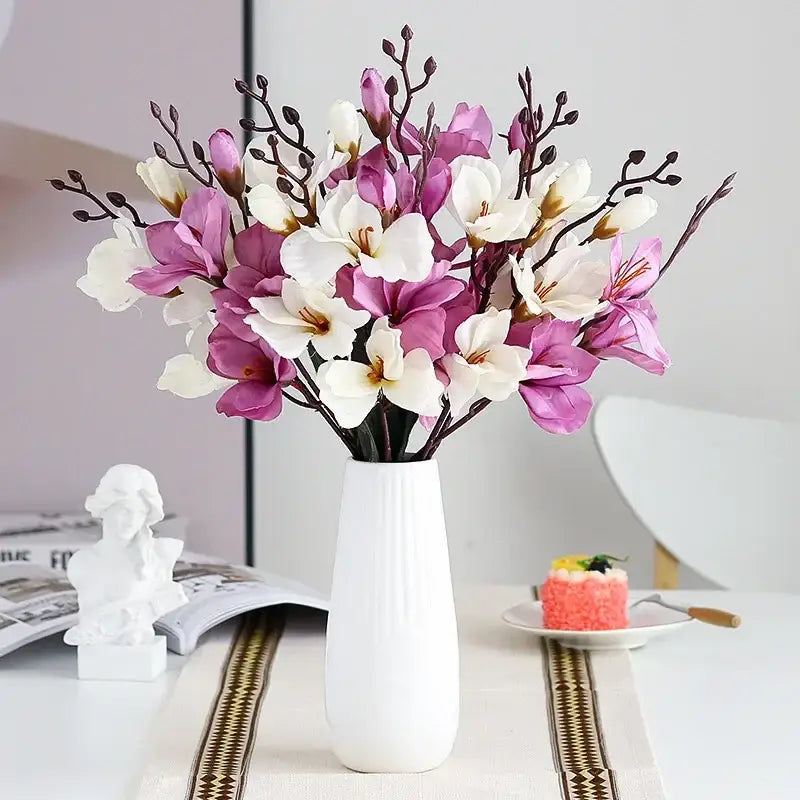 Purple & white artificial orchid magnolia bouquet living room decor