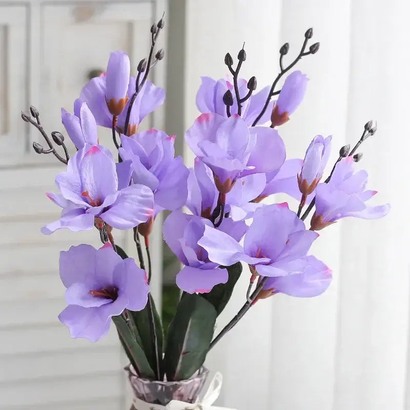 Purple & white artificial orchid magnolia bouquet living room decor