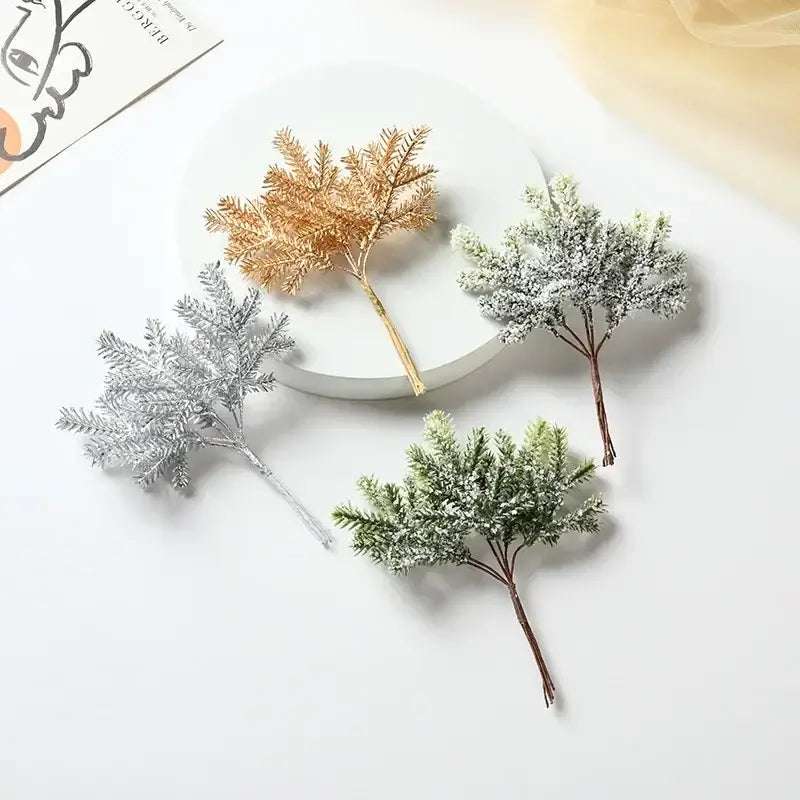 Frosted gold silver & green artificial pine needles living room decor