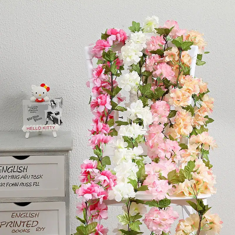 Pink artificial sakura flowers vine garden and wedding decor