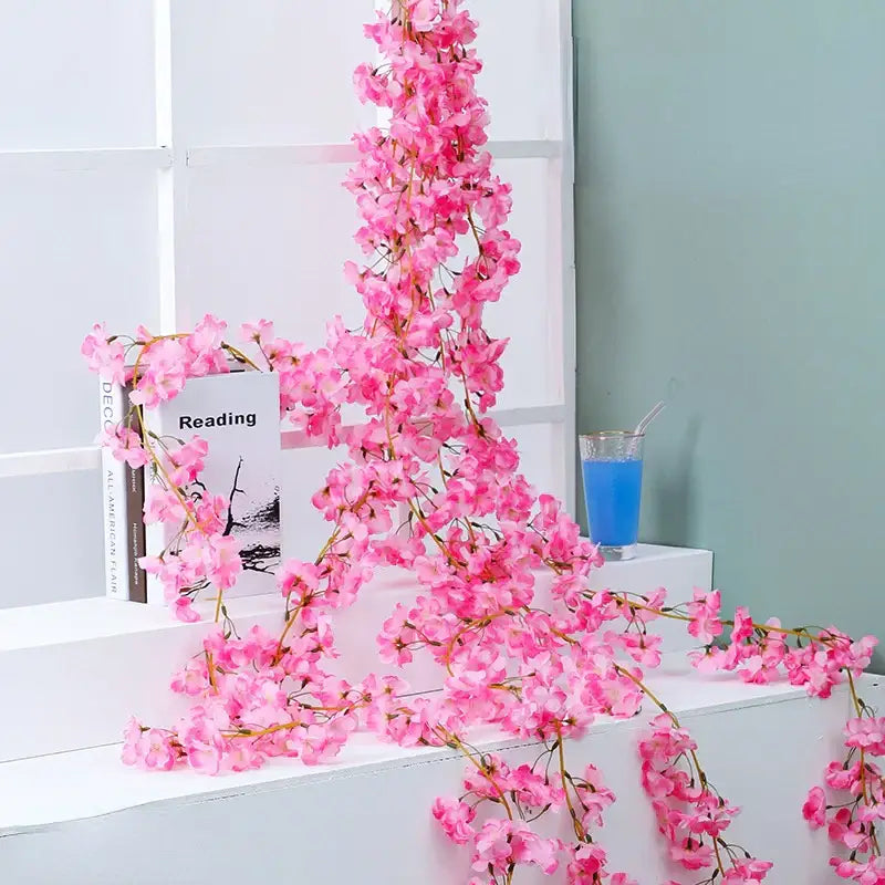 Pink artificial sakura flowers vine garden and wedding decor