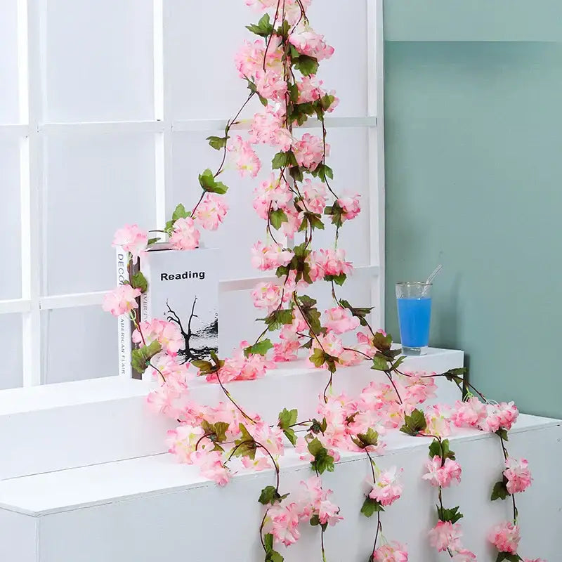 Pink artificial sakura flowers vine garden and wedding decor