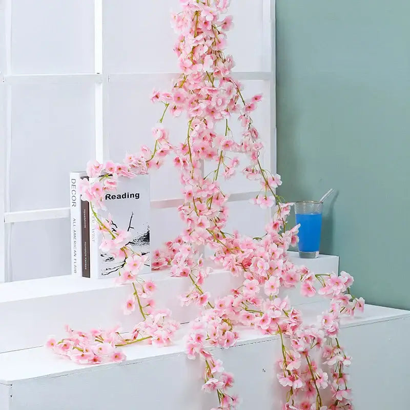 Pink artificial sakura flowers vine garden and wedding decor