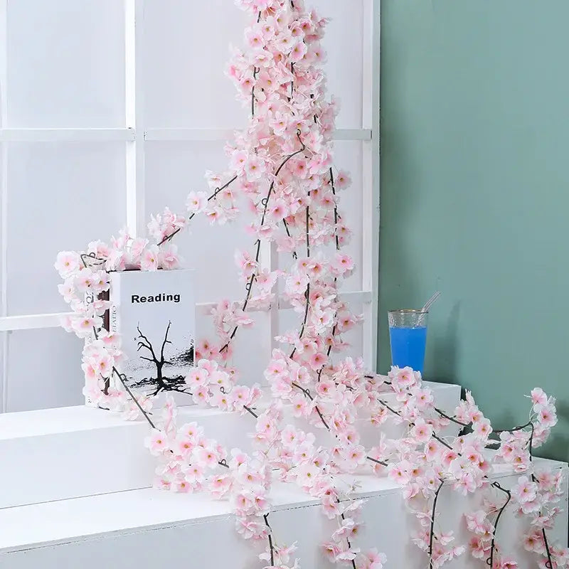 Pink artificial sakura flowers vine garden and wedding decor