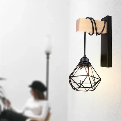 Modern wood and black & white artistic metal iron wall lamp bedroom