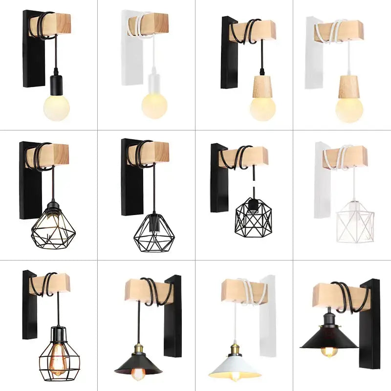 Modern wood and black & white artistic metal iron wall lamp bedroom