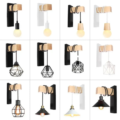 Modern wood and black & white artistic metal iron wall lamp bedroom