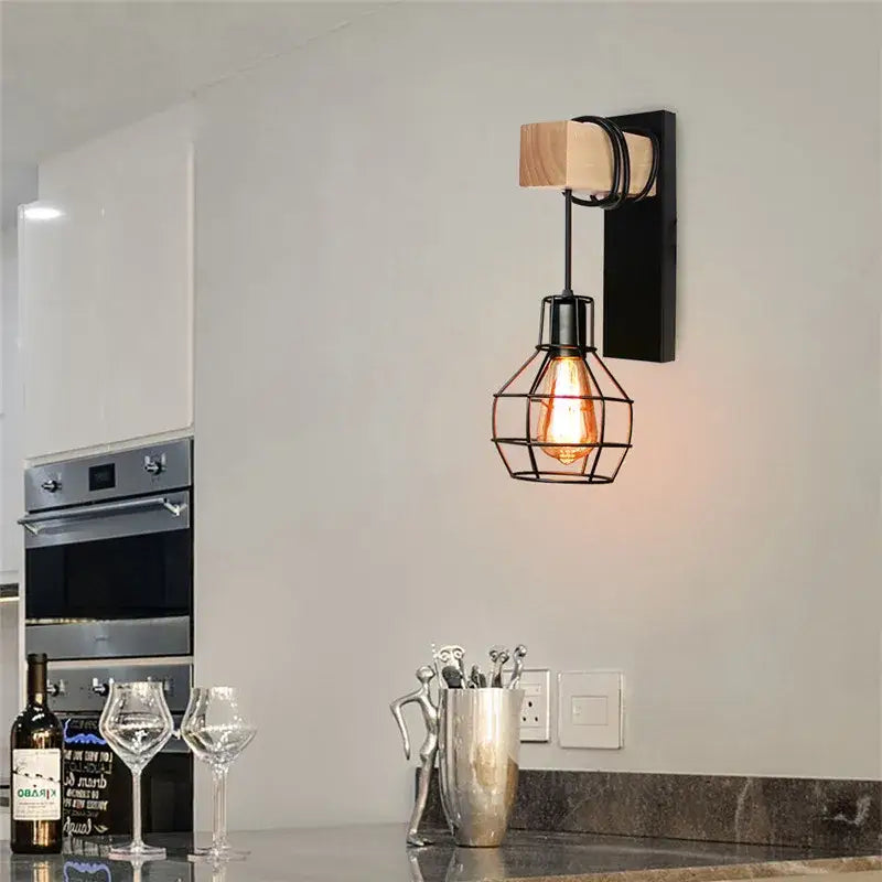 Modern wood and black & white artistic metal iron wall lamp bedroom