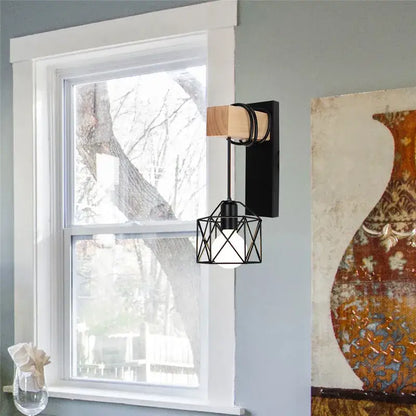 Modern wood and black & white artistic metal iron wall lamp bedroom