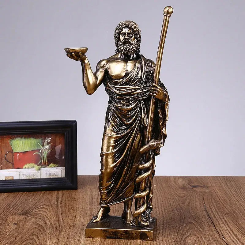 Classical bronze asclepius mini statue office medicine decor