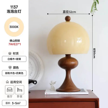 Mid century amber glass ash wood bubble table lamp bedroom light