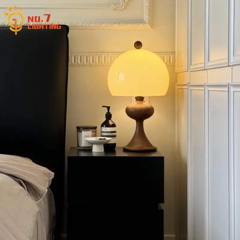 Mid century amber glass ash wood bubble table lamp bedroom light