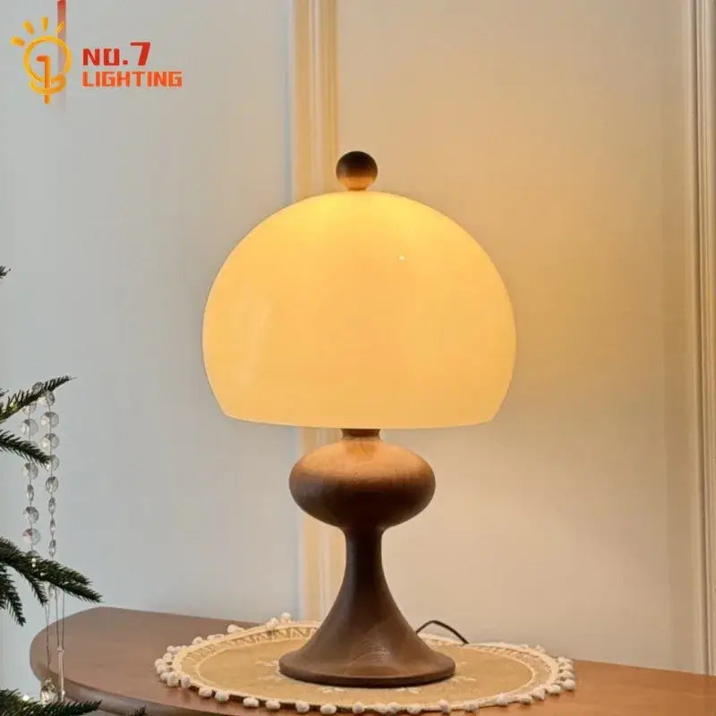 Mid century amber glass ash wood bubble table lamp bedroom light
