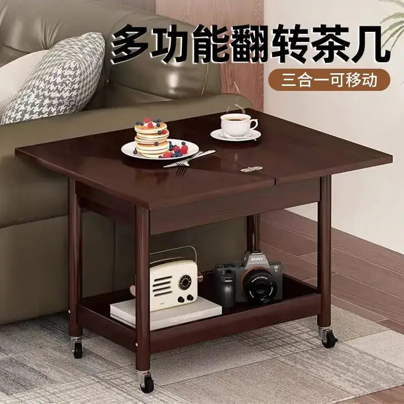 Dark brown ash wood coffee table with folding desktop storage living room