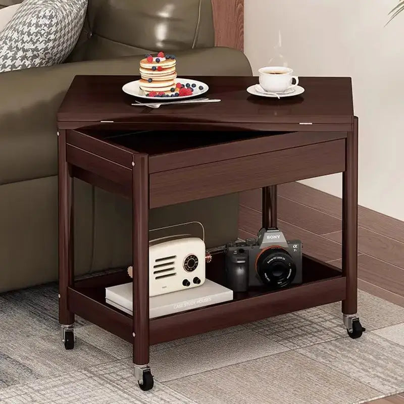 Dark brown ash wood coffee table with folding desktop storage living room
