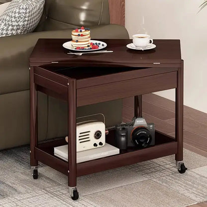 Dark brown ash wood coffee table with folding desktop storage living room