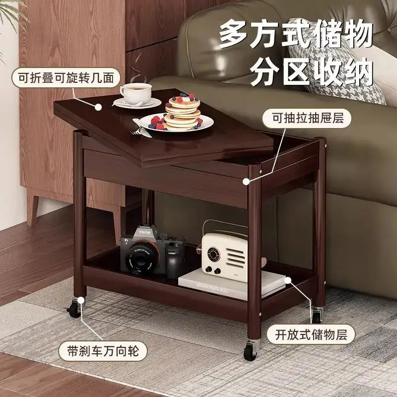 Dark brown ash wood coffee table with folding desktop storage living room