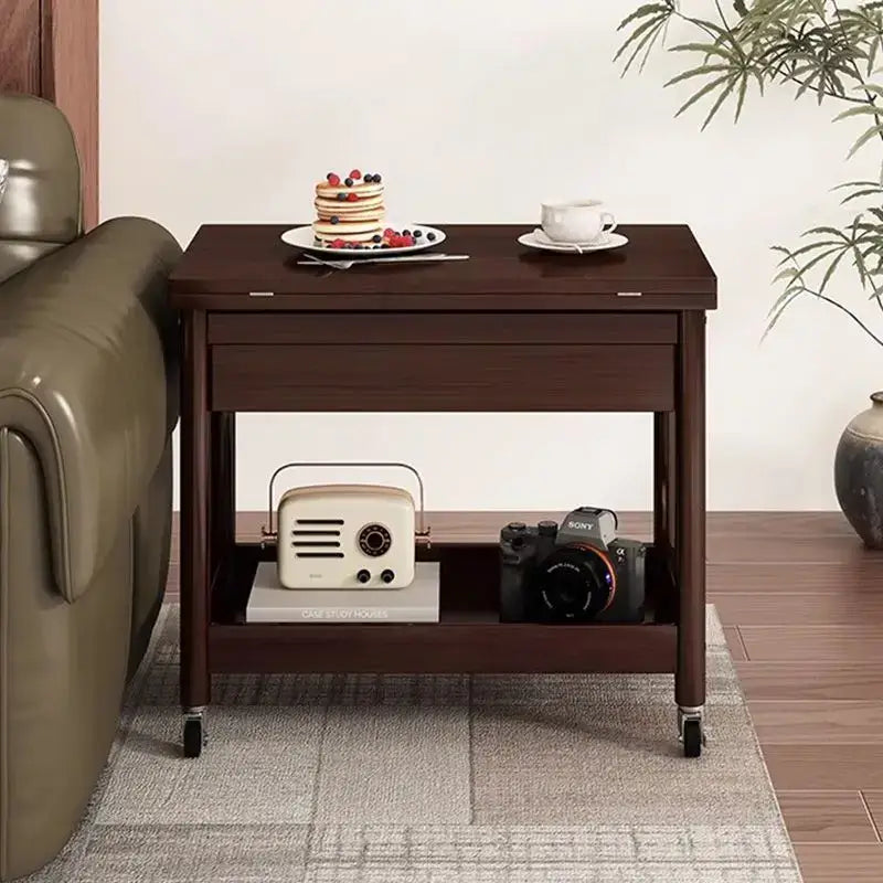 Dark brown ash wood coffee table with folding desktop storage living room