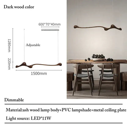 Sculptural ash wood led pendant light for dining room dimmable