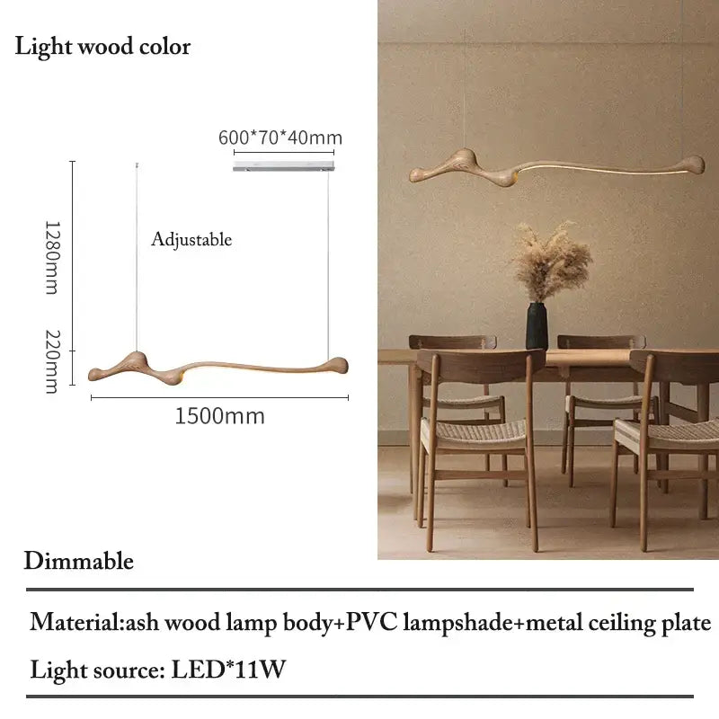 Sculptural ash wood led pendant light for dining room dimmable