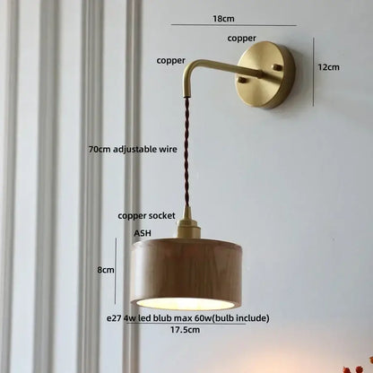 Modern brass and ash wood led wall lamp for bedroom with pull chain
