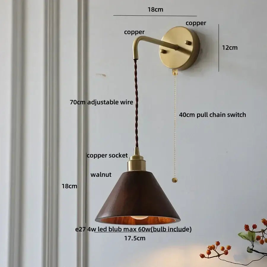 Modern brass and ash wood led wall lamp for bedroom with pull chain