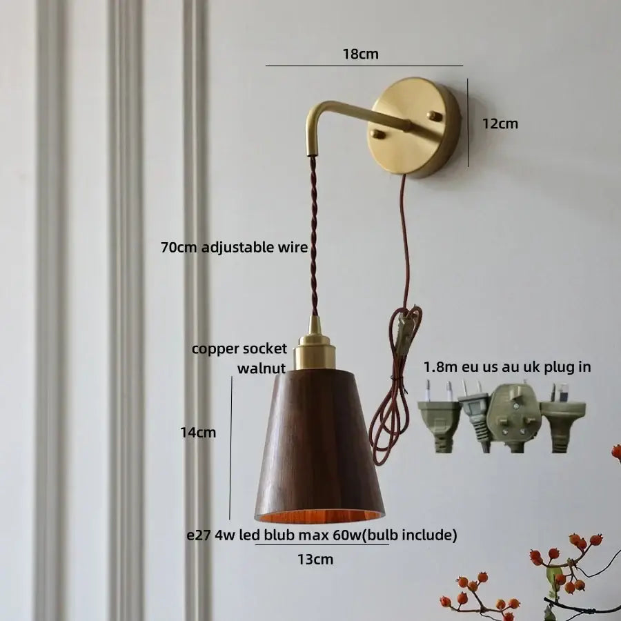 Modern brass and ash wood led wall lamp for bedroom with pull chain