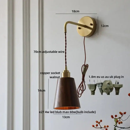 Modern brass and ash wood led wall lamp for bedroom with pull chain