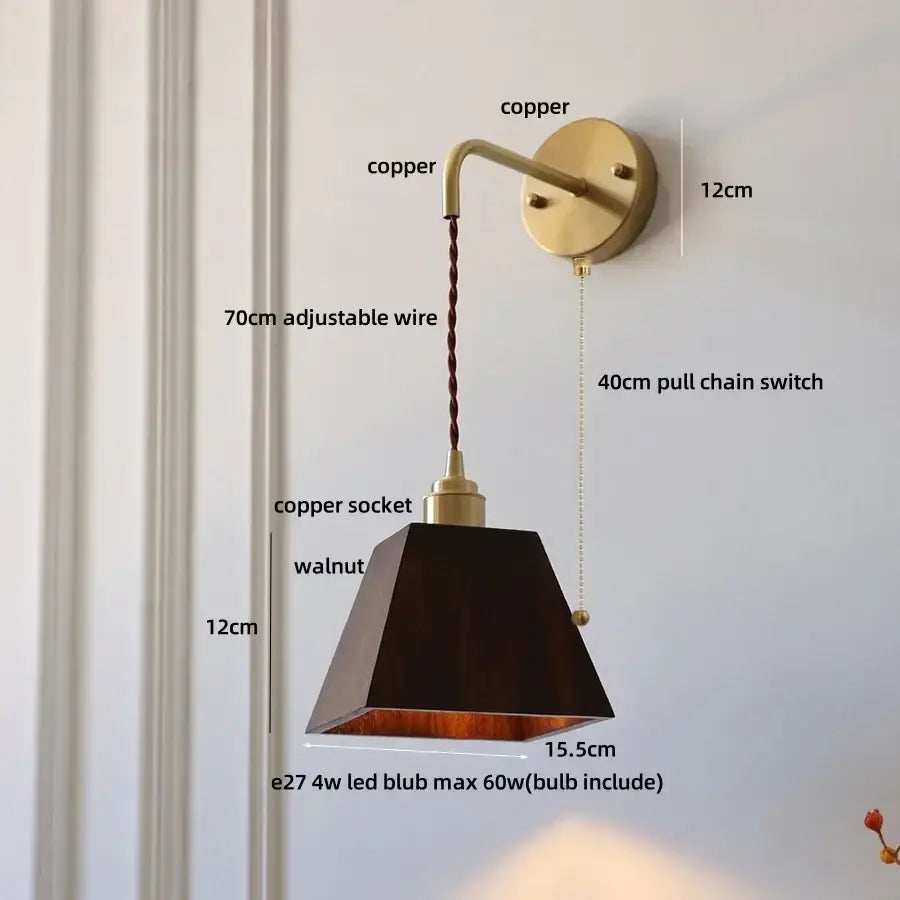 Modern brass and ash wood led wall lamp for bedroom with pull chain