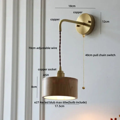 Modern brass and ash wood led wall lamp for bedroom with pull chain