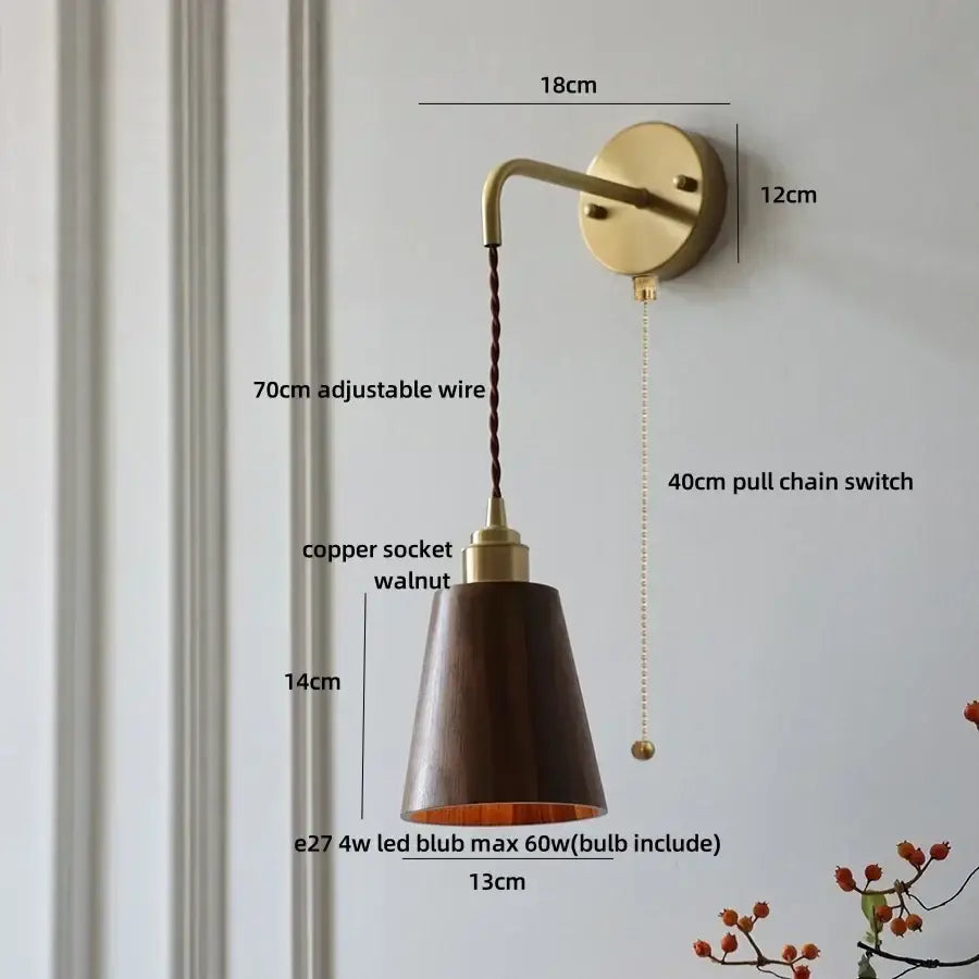 Modern brass and ash wood led wall lamp for bedroom with pull chain