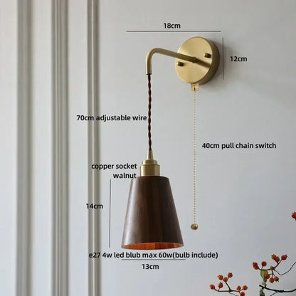 Modern brass and ash wood led wall lamp for bedroom with pull chain