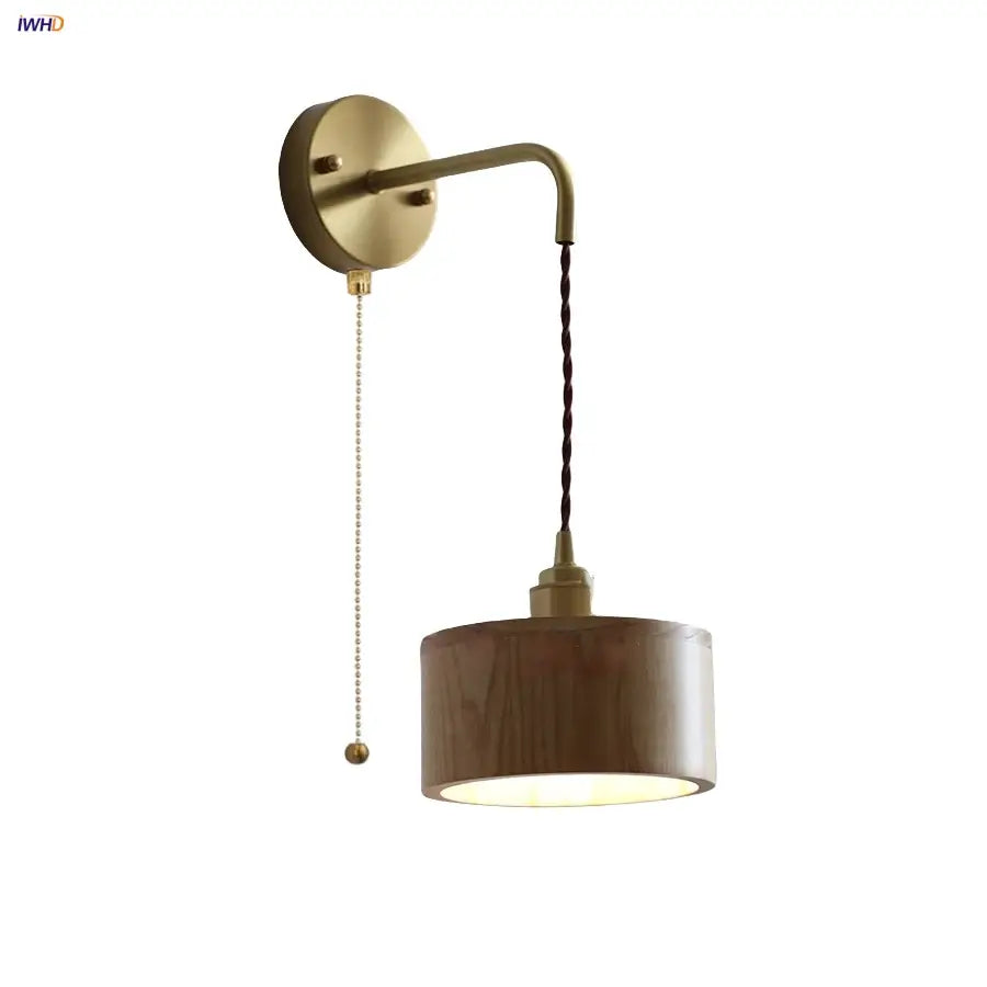 Modern brass and ash wood led wall lamp for bedroom with pull chain