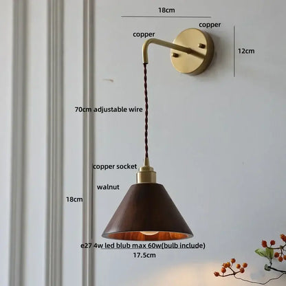 Modern brass and ash wood led wall lamp for bedroom with pull chain