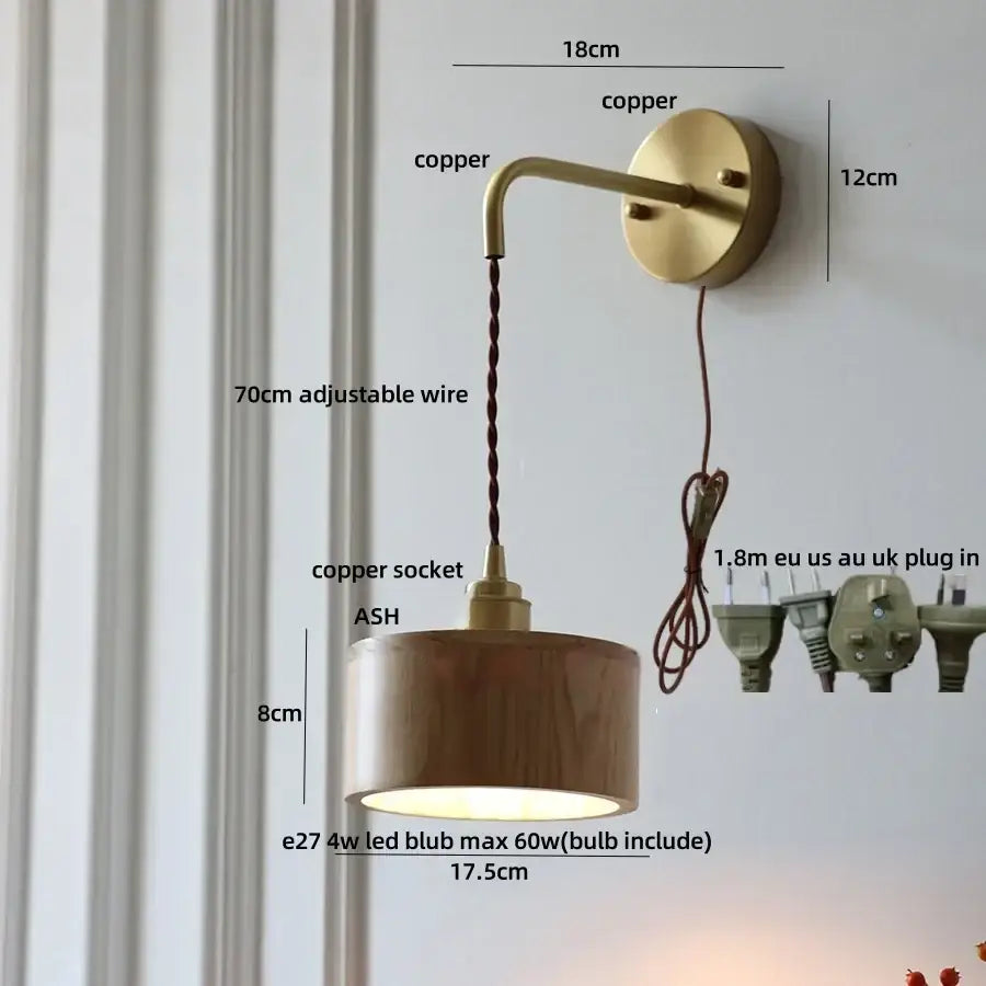 Modern brass and ash wood led wall lamp for bedroom with pull chain