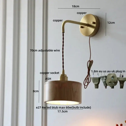 Modern brass and ash wood led wall lamp for bedroom with pull chain