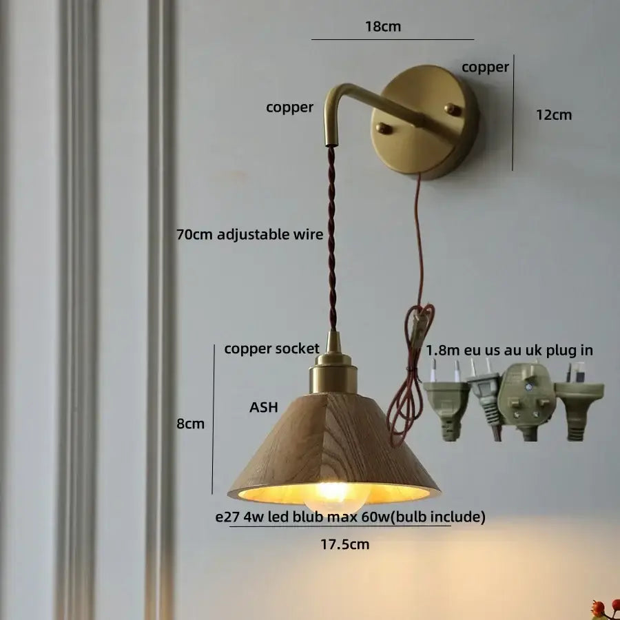 Modern brass and ash wood led wall lamp for bedroom with pull chain
