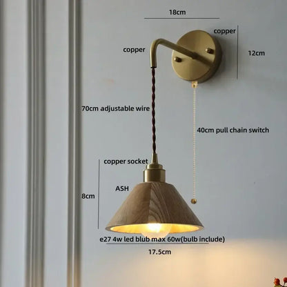 Modern brass and ash wood led wall lamp for bedroom with pull chain