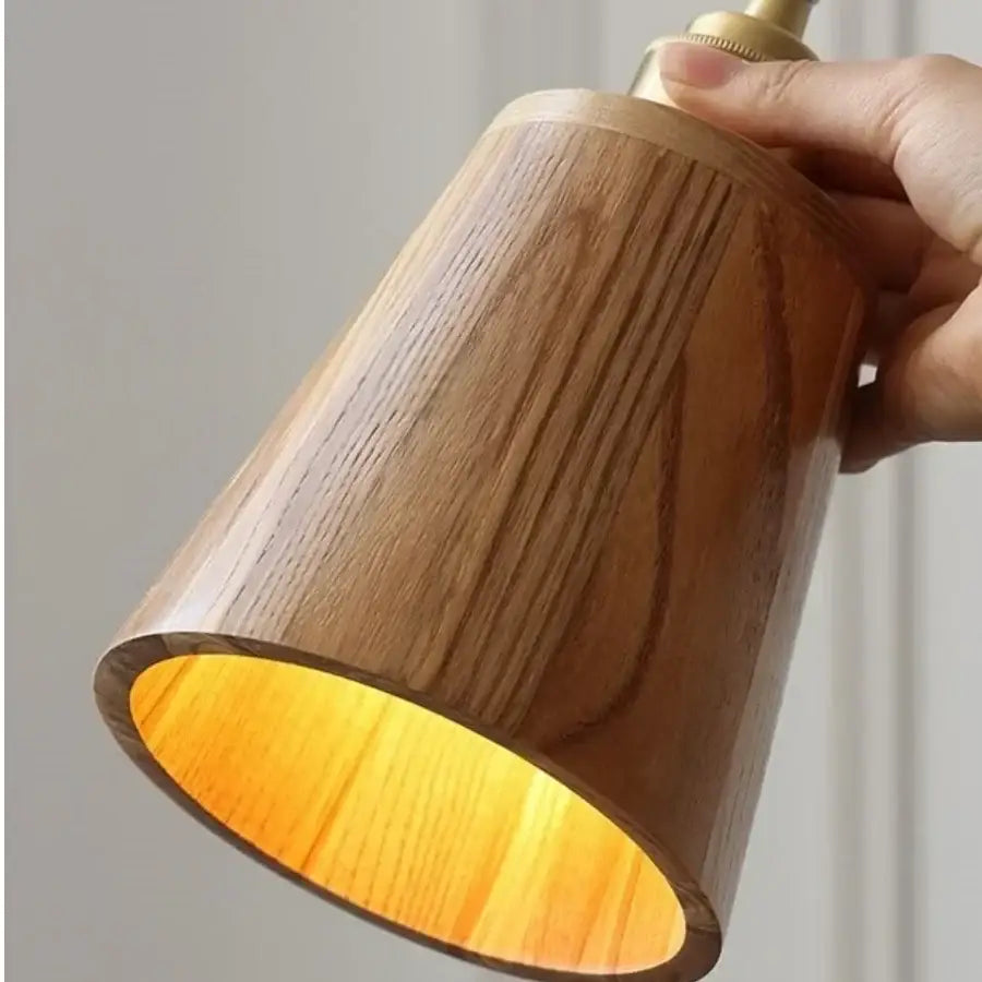 Modern brass and ash wood led wall lamp for bedroom with pull chain