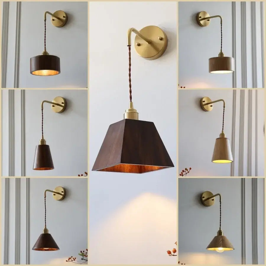 Modern brass and ash wood led wall lamp for bedroom with pull chain
