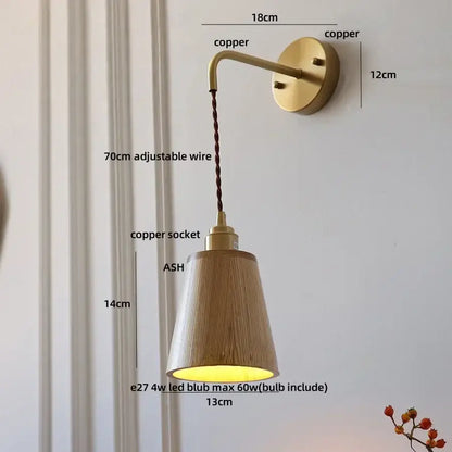 Modern brass and ash wood led wall lamp for bedroom with pull chain