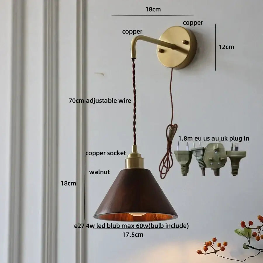Modern brass and ash wood led wall lamp for bedroom with pull chain