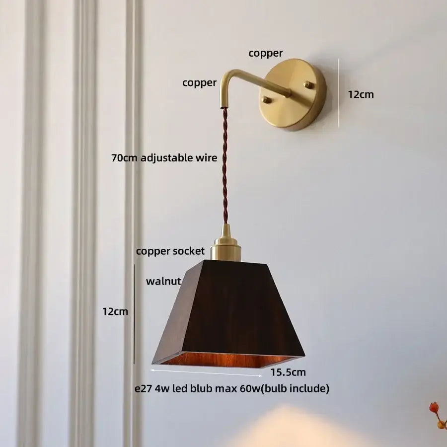 Modern brass and ash wood led wall lamp for bedroom with pull chain