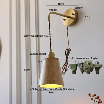 Modern brass and ash wood led wall lamp for bedroom with pull chain