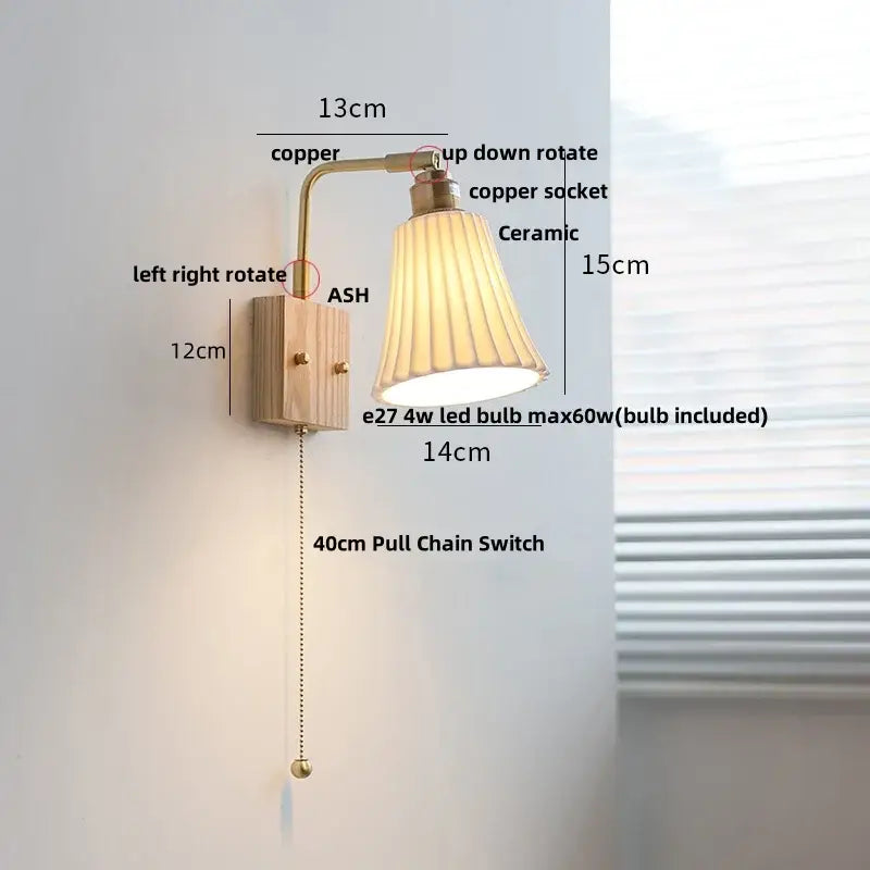 Modern brass and ash wood led wall light bedroom glass sconce