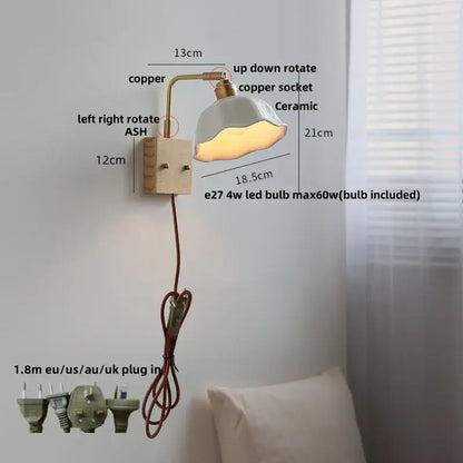 Modern brass and ash wood led wall light bedroom glass sconce