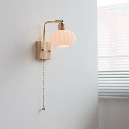 Modern brass and ash wood led wall light bedroom glass sconce